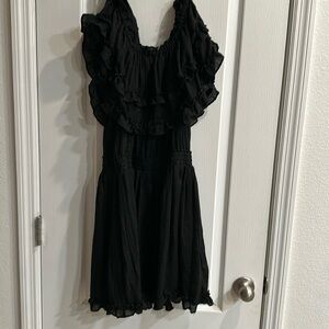 Black Linen off the shoulder, short dress cinched waist, lined